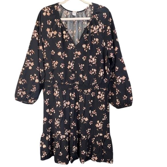 Old Navy Womens XL Black/Brown/Pink Floral Print V Neck Rayon Dress BOHO/Fairy - Picture 1 of 9